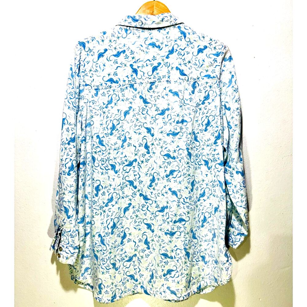 Sigrid Olsen 100% linen button up shirt beach novelty print horse sea women XL - Picture 2 of 5